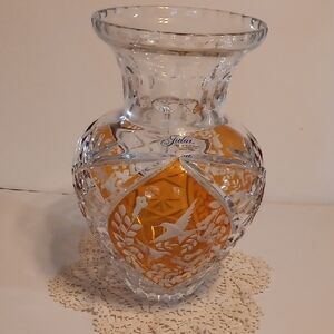 Vintage Polish Julia Crystal Cut To Clear Vase with Amber/ Orange Accents